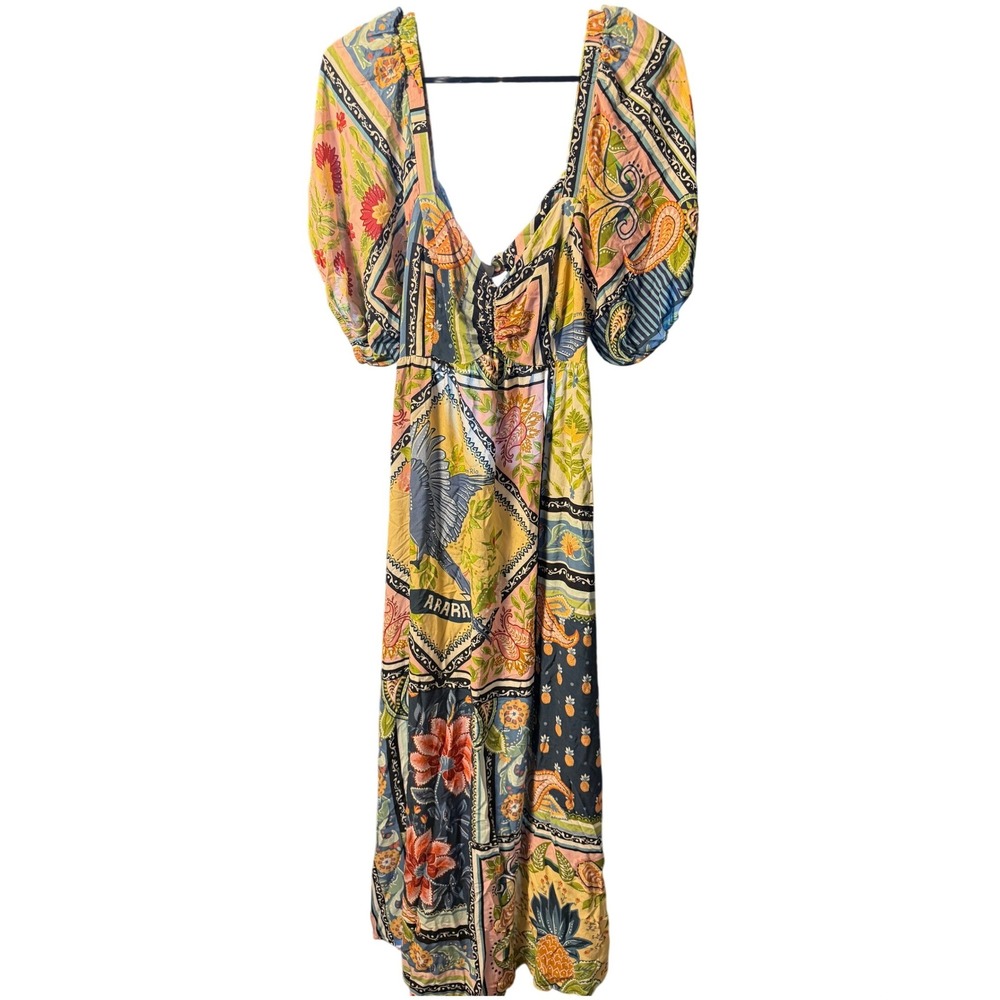 Farm Rio Scarf Print Maxi Dress Tropical Parrot Floral Puff Sleeve Cutout Multi
